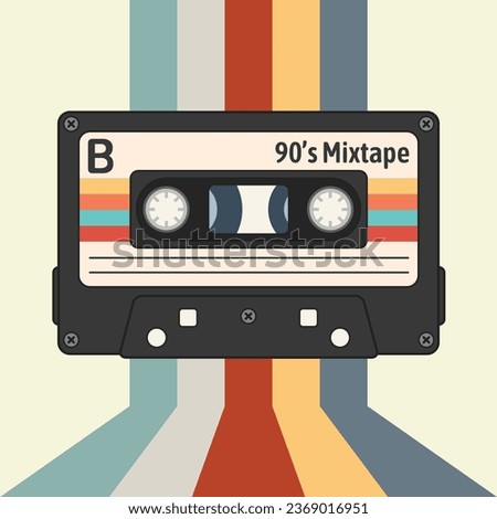 Retro cassette tape vector illustration. Vintage audio cassette tape with retro background for t shirt print, poster, emblem, patch, sticker. World music day celebration.