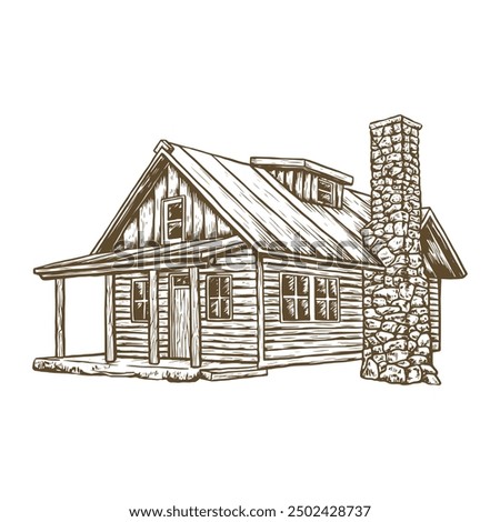 Wooden cabin illustration. Wooden cabin vintage illustration. Wooden cabin hand drawn in vintage engraving style