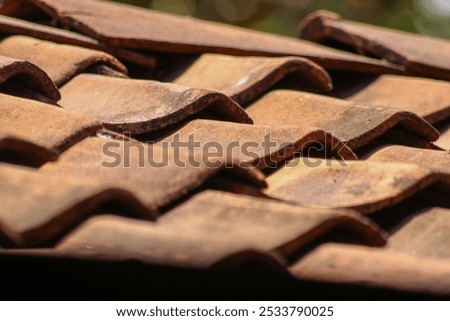 Similar – Image, Stock Photo Red-brown curved roof tiles on the roof of an old building with chimney in the sunshine in Oerlinghausen near Bielefeld on the Hermannsweg in the Teutoburg Forest in East Westphalia-Lippe