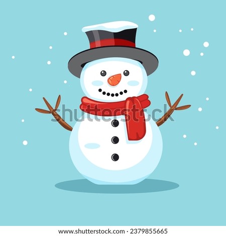 Snowman with hat and scarf, cartoon character, vector illustration