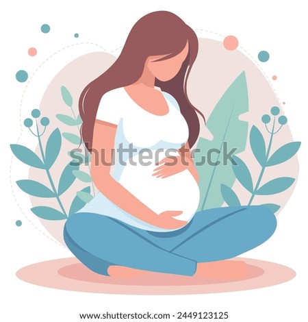 Beautiful young pregnant woman vector illustration. Concept of pregnancy and motherhood. Flat design on white background.