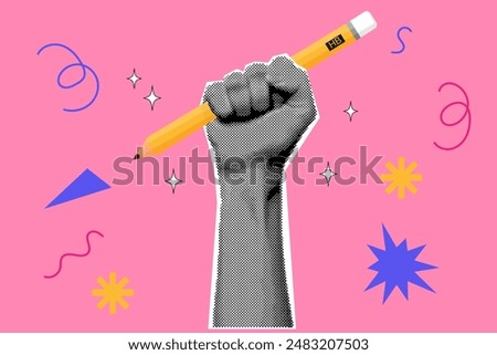 Back to school halftone collage. Hand Holding A Pencil. Contemporary vector illustration.