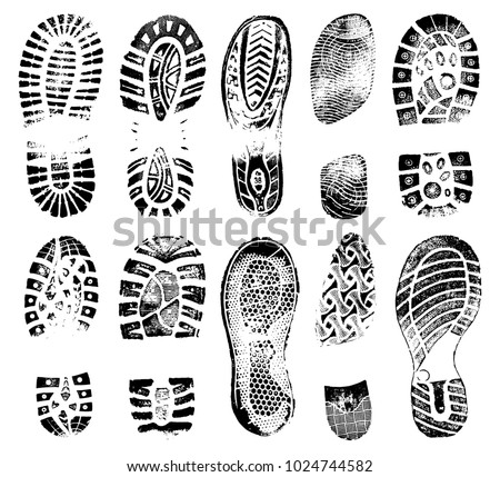 Footprints human shoes silhouette, vector set, traces of boot