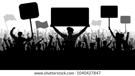 Crowd of people with flags, banners. Sports, mob, fans. Demonstration, manifestation, protest, strike, revolution. Silhouette background vector, angry mob