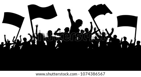Crowd of people with flags, banners. Sports, mob, fans. Demonstration, manifestation, protest, strike, revolution, riot, propaganda. Silhouette background vector