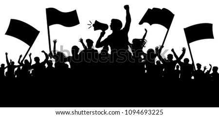 Crowd of people with flags, banners. Sports, mob, fans. Demonstration, manifestation, protest, strike, revolution, speaker, horn. Silhouette background vector