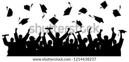 Graduated at university, college. Crowd of graduates in mantles, throws up the square academic caps. Cheerful people silhouette vector