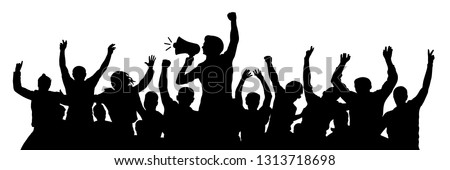 Political demonstration. Cheerful party man with speaker. Protest angry youth crowd. Riot silhouette vector