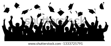 Graduates throwing cap. Silhouette high achievements. School student hat vector
