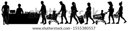 Cashier at cash desk supermarket. Crowd of shoppers black friday. line in store at checkout. Vector silhouette isolated