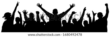 Cheerful crowd of people cheering applause. Fan happy people. Party disco concert sport. Silhouette vector illustration Stock foto © 