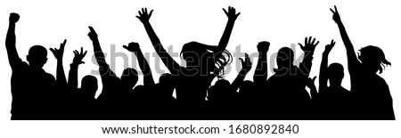 Cheerful crowd of people cheering applause. Party disco concert sport. Fan happy people. Silhouette vector illustration