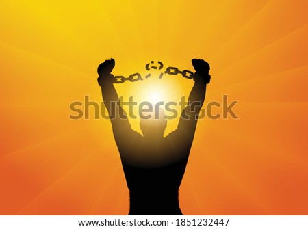 Freedom. Silhouette of man breaking chains in handcuffs. Vector illustration