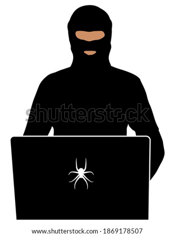 Сriminal in balaclava at computer. Security officer at a laptop. Provocateur in social networks of the Internet. Silhouette vector
