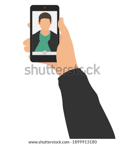 Male hand holding mobile phone and taking photo selfie. Self portrait of man on display or screen of smartphone. Vector illustration.