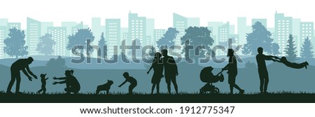 Lifestyle of people, silhouette of happy family, man, woman and child. First steps baby, birth of child, love, happiness. Vector illustration.