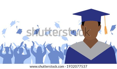 African American man graduate in mantle and academic square cap on background of cheerful crowd of graduates throwing their academic square caps. Graduation ceremony. Vector illustration