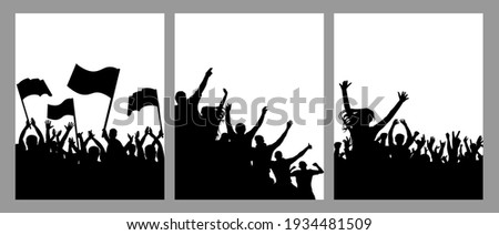 Vertical poster with silhouettes of crowd of people, set. Protest with flags, happy fan people, cheering crowd. Vector illustration Stock foto © 