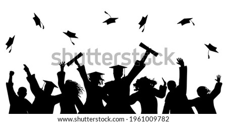 Happy graduate students with graduating caps and diploma or certificates, silhouette of group of people. Graduation event. Vector illustration