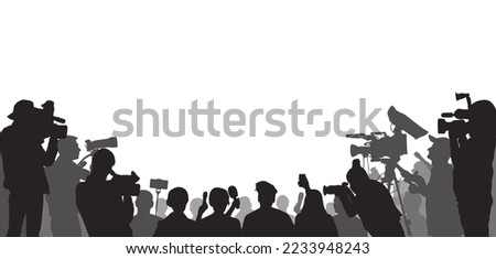Journalists are interviewing, silhouette. Press conference of reporters. Crowd of people with video cameras and microphones. All people separated. Vector illustration