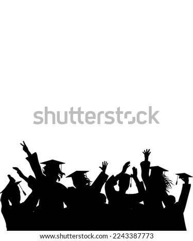 Cheerful graduate students with academic caps, silhouette. Graduation at university or college or school.  Isolated vertical banner. Vector illustration.