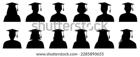 Graduate students in academic square cap, set of silhouette. Vector illustration