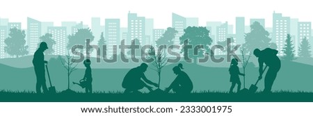 Green city. Planting trees by adults and children in yard, park. Landscaping of town. Vector illustration
