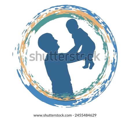Father's day. Silhouette of happy man holding child in his arms in grunge round frame. Vector illustration.