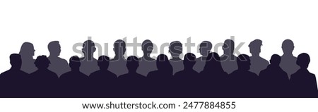 Crowd of people in the auditorium, silhouette of men and women sitting in two rows. Vector illustration.