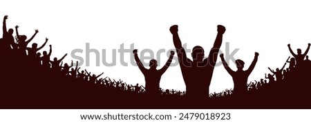 Cheerful man on background of crowd people silhouette, cheerful fans people at stadium.  Sports event or concert. Vector illustration