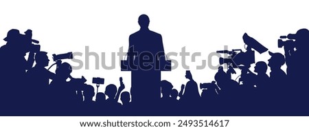 Election. Candidate with election program and reporters, cameramen. Silhouette of people. Vector illustration