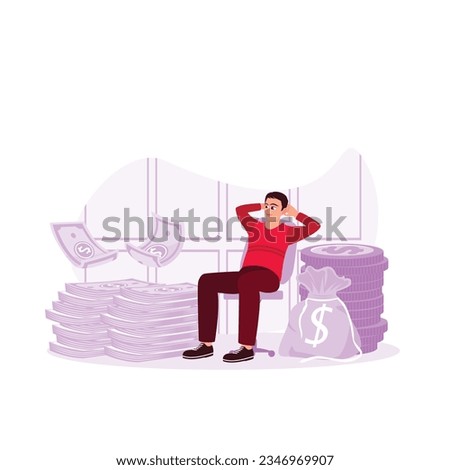 The man was sitting beside a pile of dollar bills. Concept of wealth and success. Revenue growth concept. Trend Modern vector flat illustration