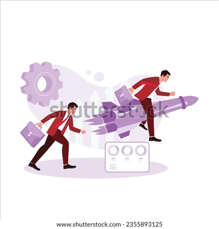 A businessman with a briefcase is trying to catch up with another businessman flying on a rocket. Productivity-boosting concept. Trend Modern vector flat illustration