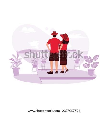 A husband and wife enjoy the beauty of the sunset over the sea. Vacation Resort Travel concept. Trend Modern vector flat illustration