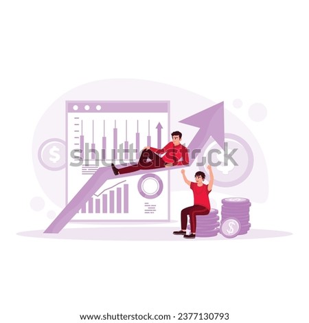 A man sits on a pile of coins. Another man leaned in the direction of the arrow pointing upwards. Increased income. Passive Income concept. Trend Modern vector flat illustration
