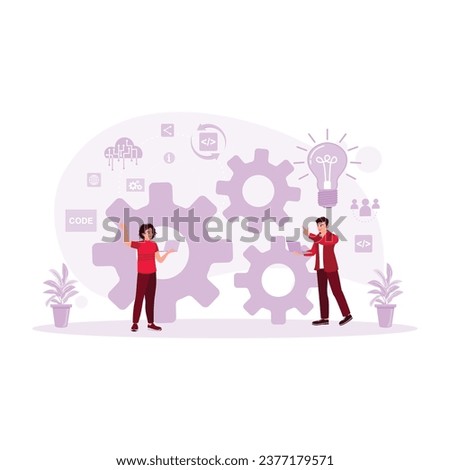 Two IT experts exchange ideas for developing software on a laptop. DevOps Developers concept. Trend Modern vector flat illustration