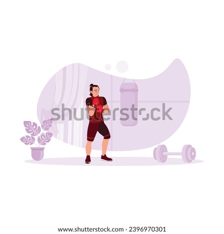 Professional boxer training in a modern gym hall. Muscular athletes with boxing gloves hit the target precisely. Sports athlete concept. Trend Modern vector flat illustration