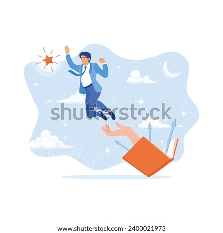 A hand emerges from an open book. Hands are trying to hold a male businessman who is flying towards the stars in the sky. Career Development Concept. trend modern vector flat illustration