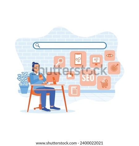 Young businessmen use computer laptops and smartphones to create digital marketing strategies. SEO and online search engine icons on a computer screen. SEO concept.