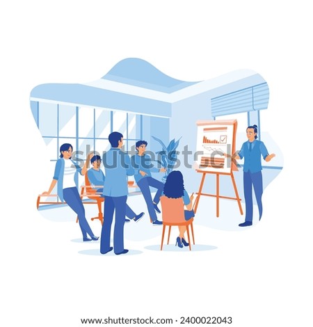 Confident young male boss making presentations to diverse employees. Leader doing a presentation on a flip chart board in the office. Briefings concept. trend modern vector flat illustration