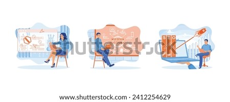 Woman using web window search info. Web development icons are drawn on the board. Web design. set flat vector illustration.