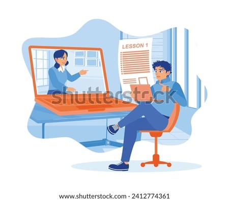 Men take distance education courses. The teacher gives the first lesson test online. Education concept. Flat vector illustration.