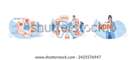 General Data Protection Regulation. Man with laptop set general data protection. Processing of personal data. GDPR Concept. Set flat vector illustration. 