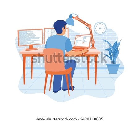  Programmers work on dual-screen computers and laptops. Develop programming and coding technology. Software developers concept. flat vector modern illustration 