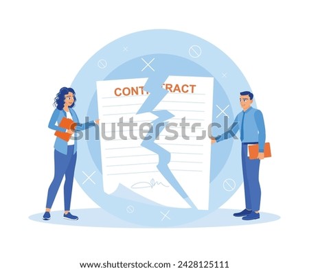 Two business people in the office cancel the business contract they had signed together. Contract agreement concept. Flat vector illustration.