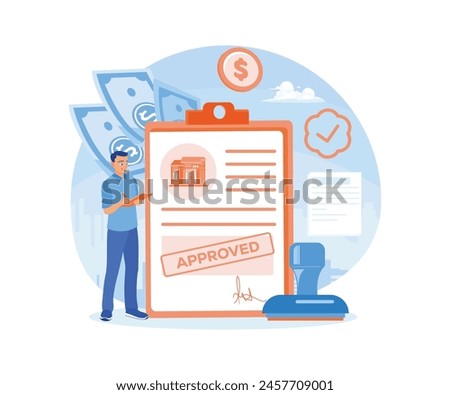 Man buys property with a mortgage. Get bank approval and sign it. Mortgage process concept. Flat vector illustration.