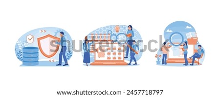 Secure data storage application. The employee search for a file in the database. Using magnifying glasses. Database concept. Set flat vector illustration.