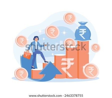 Businesswomen are walking on an increasing graph. Rupee money bags are at the top of the charts. Business Growth concept. Flat vector illustration.