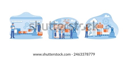 People working in factory industry. Industry 4.0 with advanced technology. Wireless technology in smart industry. Smart industry concept. Set flat vector illustration.