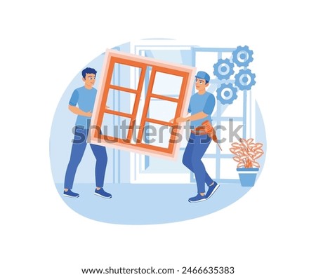 Home maintenance concept. Carpenter replaces and installs house windows. Home maintenance concept. Flat vector illustration.